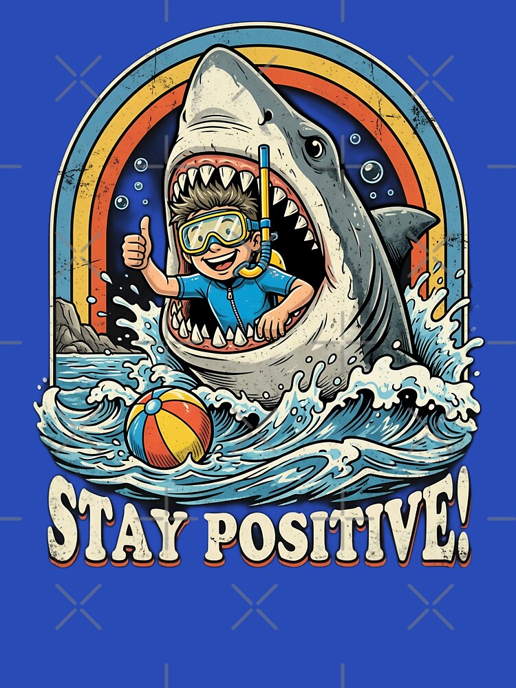 Stay Positive Shark Diver T-Shirt | Funny Great White Shark Scuba Diving Retro Beach Graphic Tee by Bhaskar Digital Art