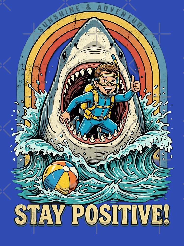 Stay Positive Shark Diver Vintage T-Shirt | Funny Scuba Diving Adventure Retro Beach Graphic by Bhaskar Digital Art