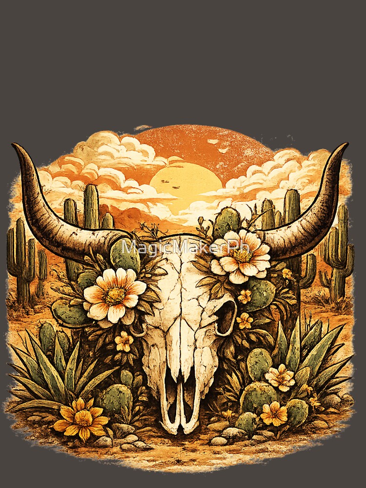 Retro Western Cowboy Skull Desert Sunset Graphic by MagicMakerPh