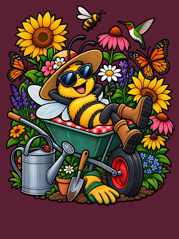 Funny Gardening Bee Wheelbarrow Floral Garden Lover by Tbenghali