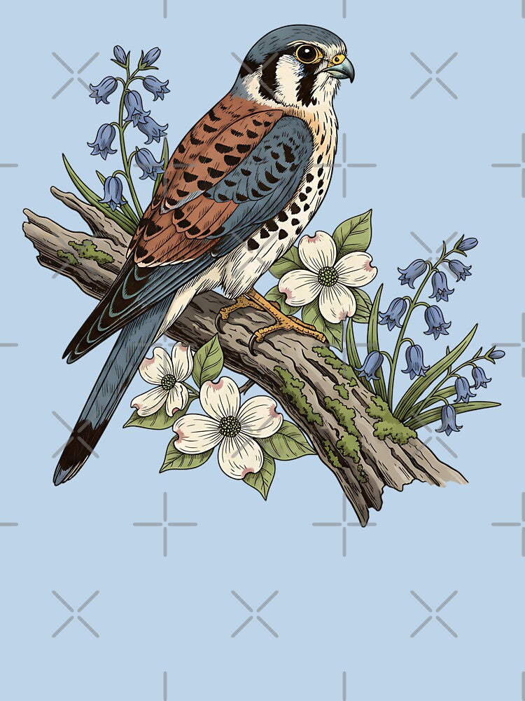 American Kestrel with Bluebells and Dogwood Botanicals by BirdsnStuff Unisex