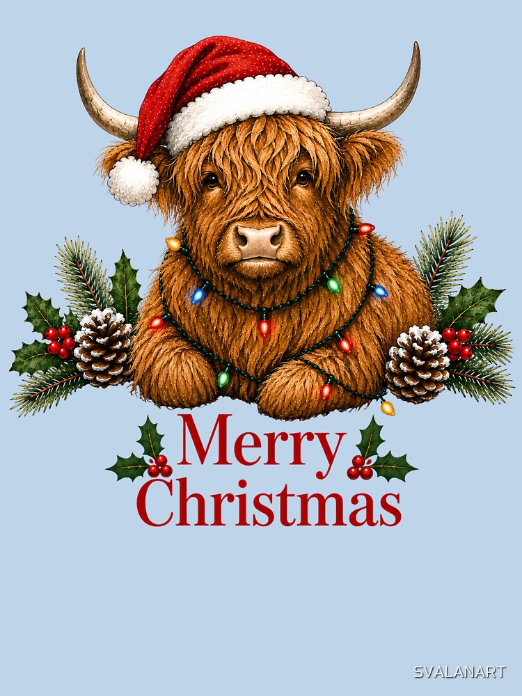 Highland Cow Christmas – Merry Christmas Highland Cow with Santa Hat & Lights by SVALANART