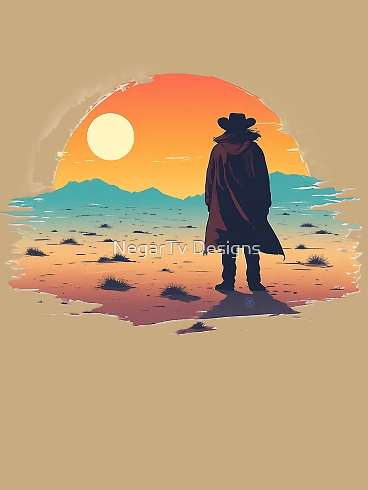 Lonely Cowboy Sunset Silhouette – Wild West Desert Aesthetic Retro Western Art by NegarTv Designs by NegarTv Designs