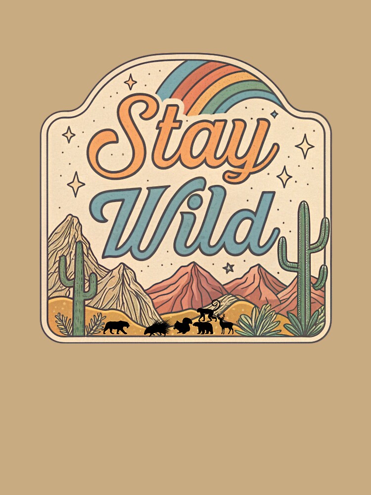 Stay Wild Retro Desert Rainbow Badge – Vintage Wilderness Wildlife Illustration by A1MarketDesigne