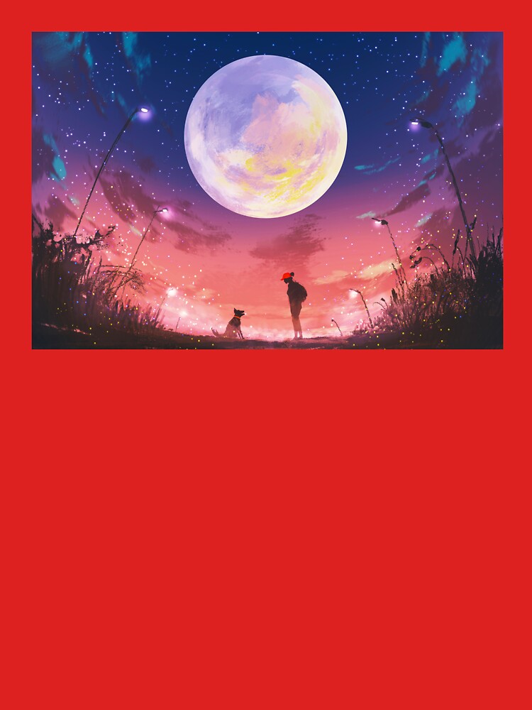 Girl and Dog at Beautiful Night with Huge Moon Above by Ethiyo