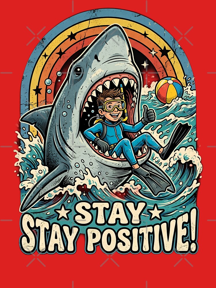 Stay Stay Positive Shark Diver Retro T-Shirt | Funny Scuba Diving Great White Shark Beach Design by Bhaskar Digital Art