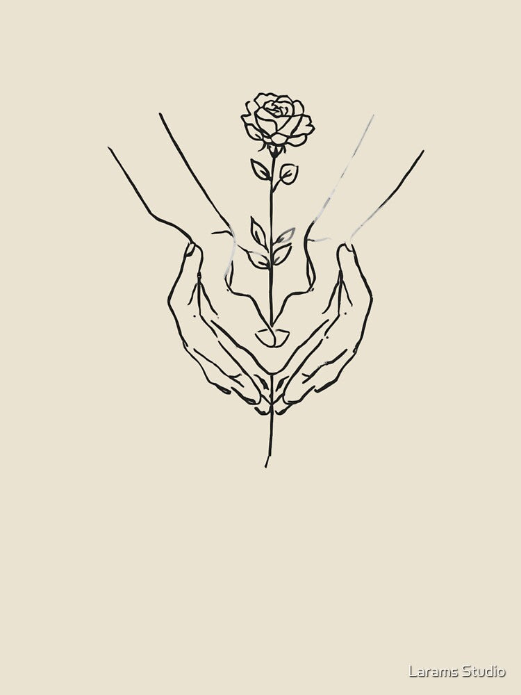 Minimalist Line Art Hands Holding Rose & Heart Modern Aesthetic Abstract Love Line Drawing by Larams Studio