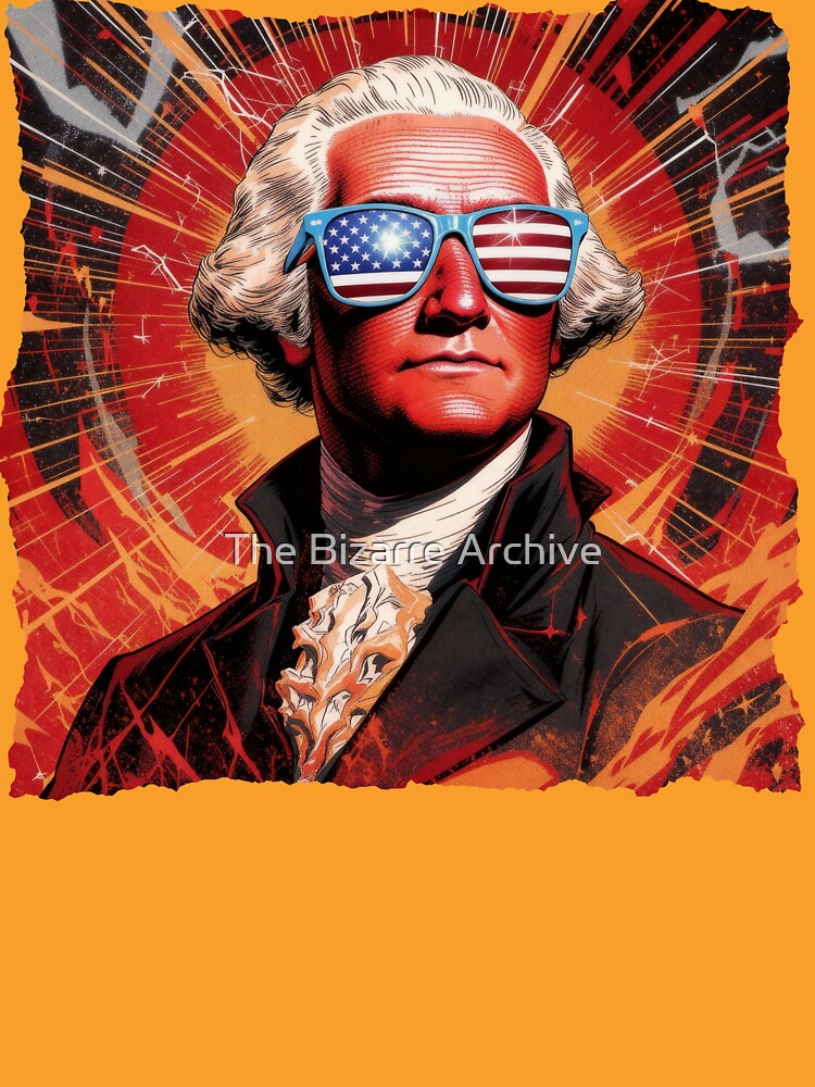 George Washington Action Shirt Patriotic Comic Hero Parody Tee Founding Father Vintage Poster Style American History Mashup T‑Shirt by The Bizarre Archive