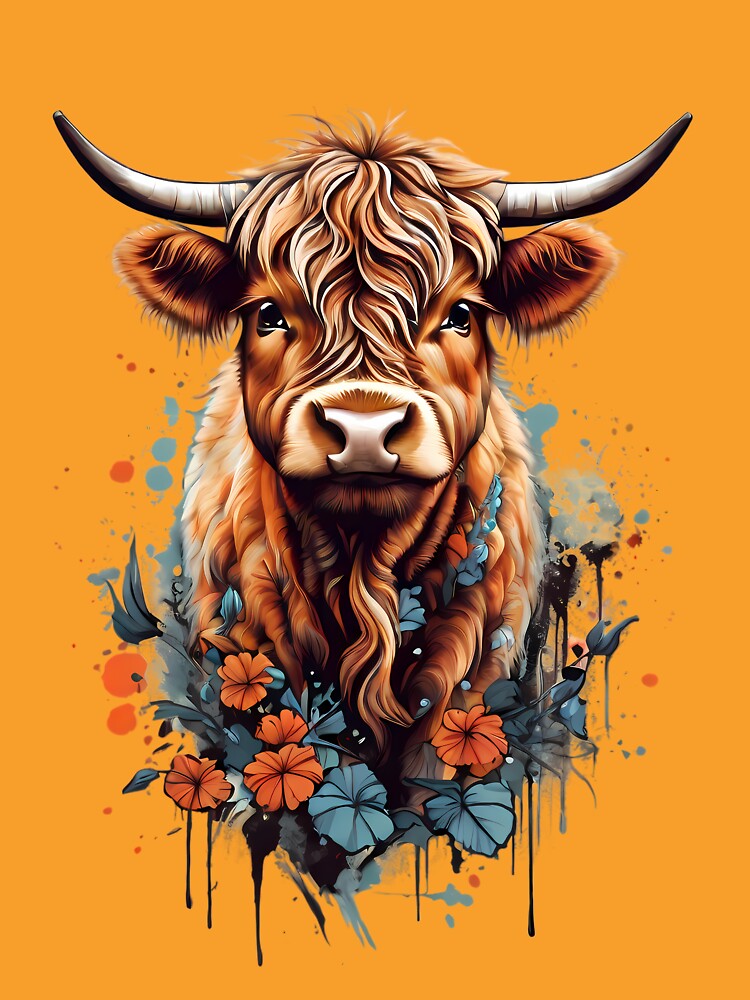 Cute Highland Cow, Red and Blue Flowers by BajanTees