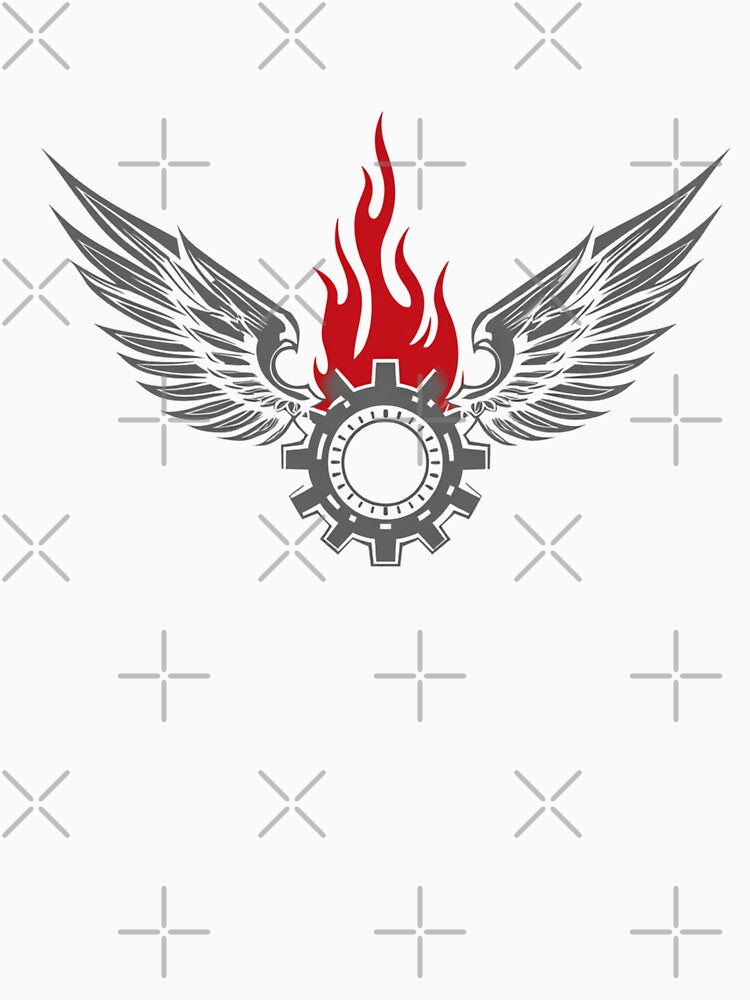 Dark Winged Gear Flame Emblem – Grunge Mechanic Symbol Design by Alphakenon
