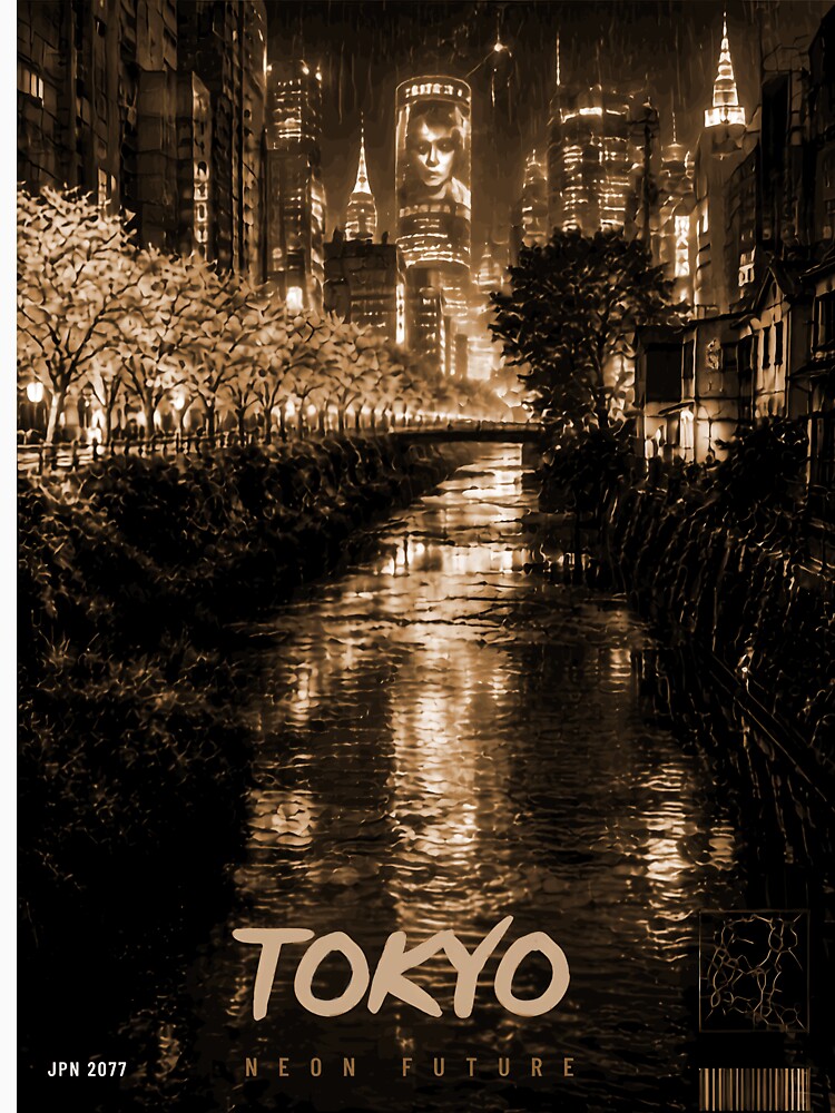 Tokyo Neon Future – Sepia Cyberpunk Cherry Blossom Canal | Vintage Japan T-Shirt & Poster by niko-ko
