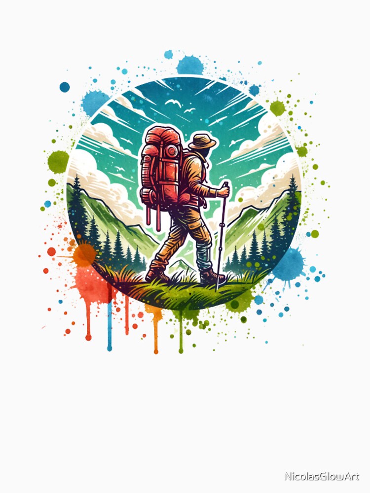 Mountains Hiking Journey | T-Shirt, Sticker by NicolasGlowArt