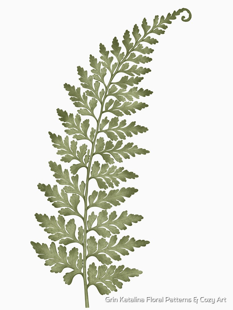 Detailed botanical illustration of a green fern leaf on a dark background. by Grin Katalina Floral Patterns & Cozy Art