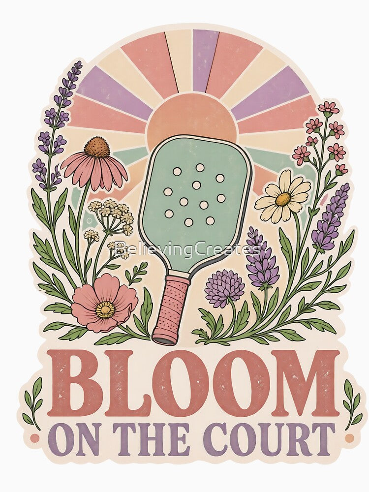 Funny pickleball quote for girls - bloom on the court - Vintage retro pickleball art by BelievingCreate