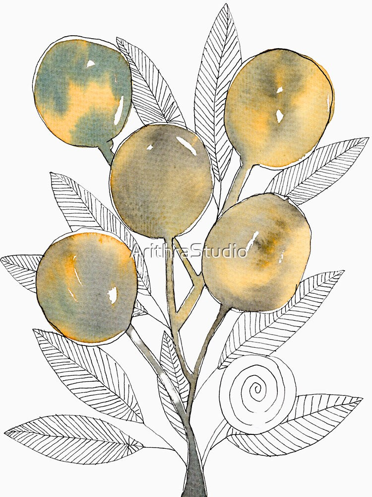 Golden Fruit Branch: Watercolour Botanical Line Art by ArithraStudio