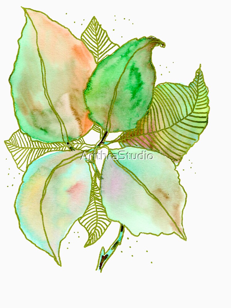 Mint Green Botanical Leaves: Watercolour Line Art by ArithraStudio