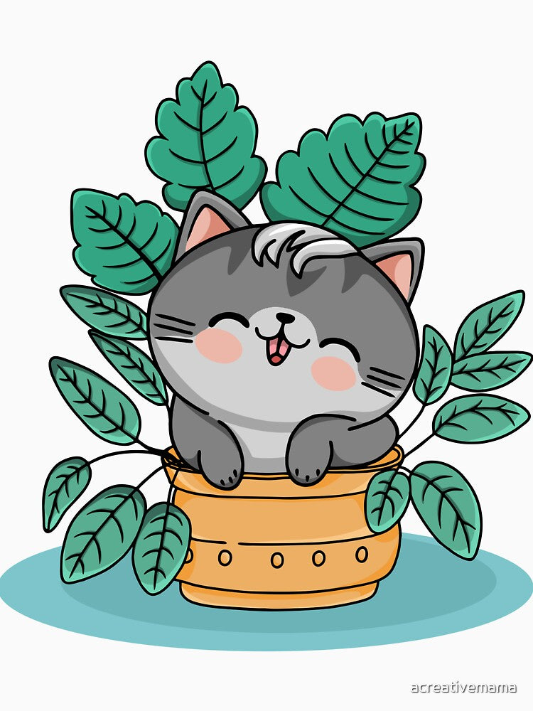 Happy Kawaii Gray Cat Sitting in a Plant by acreativemama