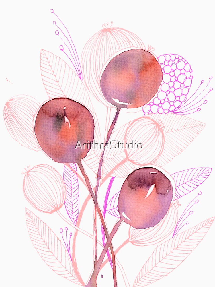 Pink Botanical Seed Pods: Watercolour Line Art by ArithraStudio