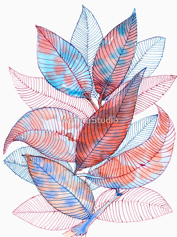 Blue Pink Botanical Leaves: Watercolour Line Art by ArithraStudio