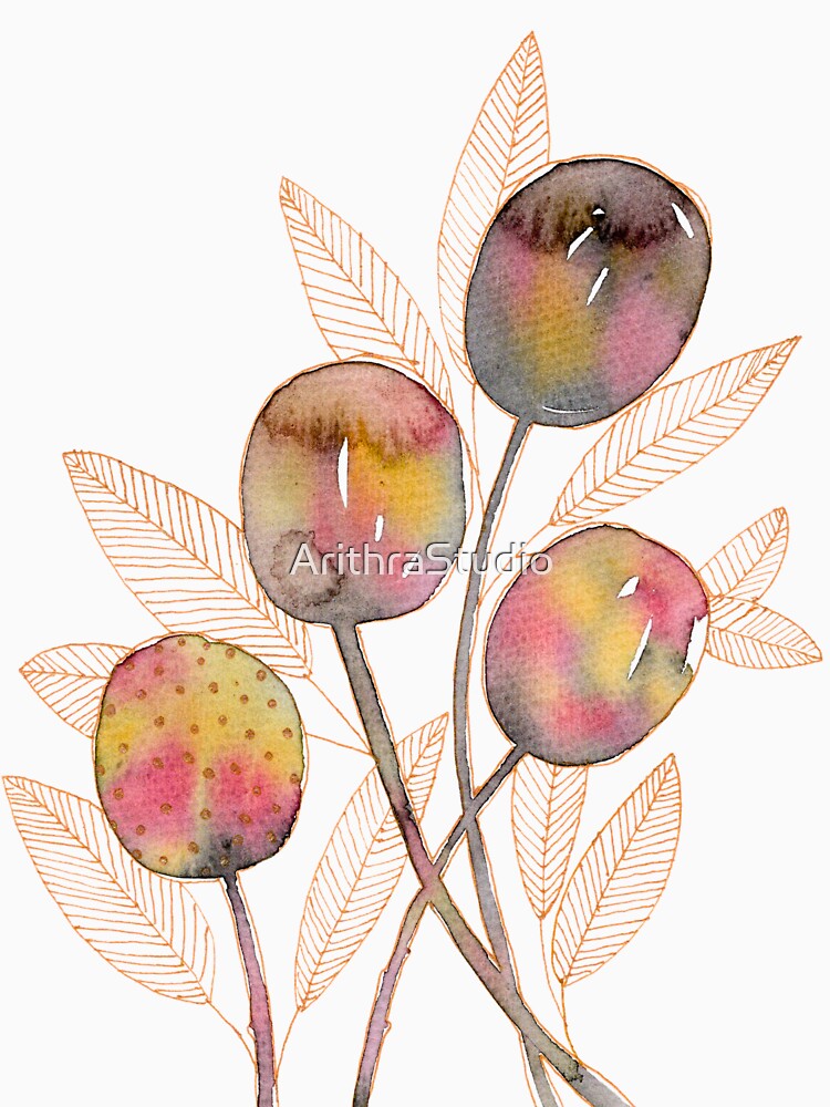 Pastel Botanical Fruit Branch: Watercolour Line Art by ArithraStudio