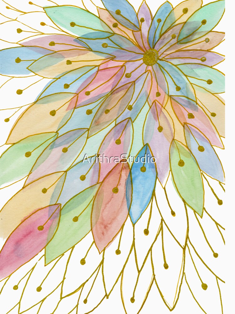 Pastel Botanical Bloom: Gold Line Watercolour Art by ArithraStudio