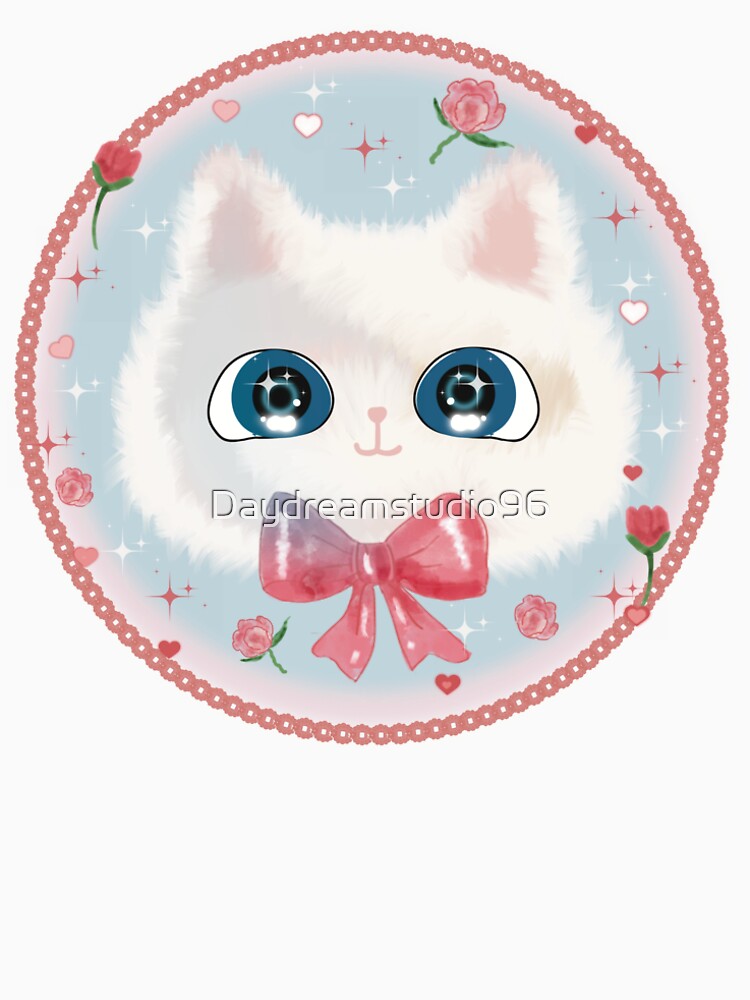 Cute Fluffy White Cat with Pink Bow and Roses – Kawaii Aesthetic Design by Daydreamstudio96