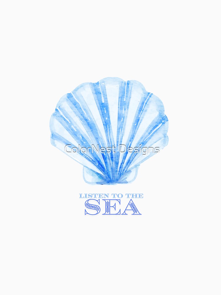 Listen to the Sea – Blue seashell in a watercolor aesthetic style by ColorNest Designs