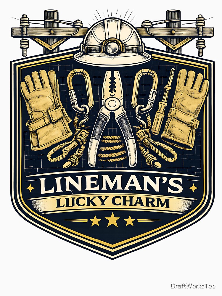 Lineman's Lucky Charm - Vintage Electrical Lineman Heritage Badge Proud Tradesman Graphic by DraftWorksTee