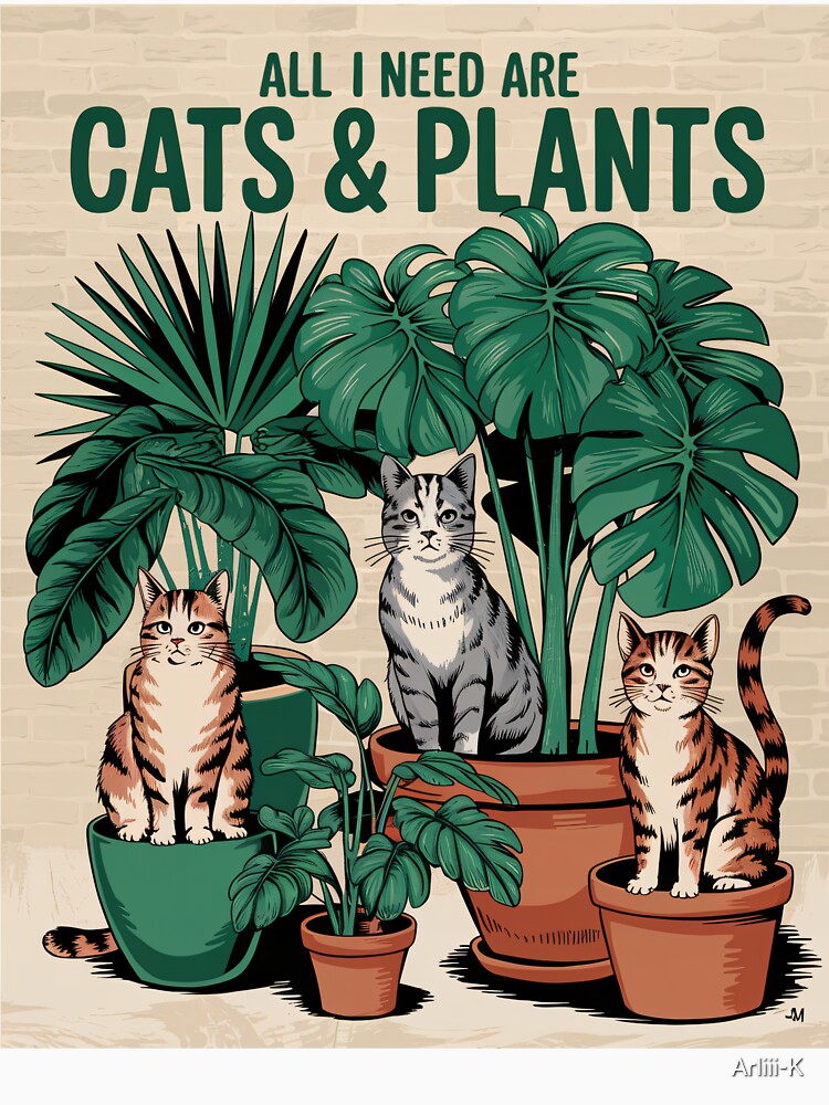 All I Need Are Cats And Plants Vintage Illustration by PurrGreen Unisex