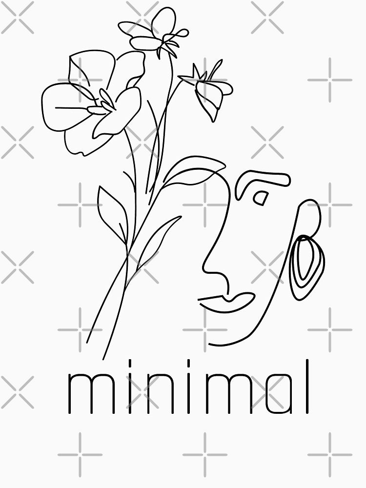 Minimalist Line Art - Girl with Flowers - Modern Minimalistic Black and White Drawing by The Red Nox