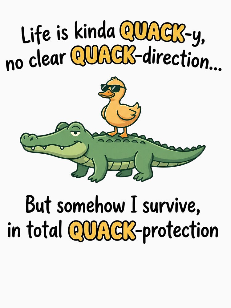 Quack-y Life Funny Duck Pun Quote – Cute Duck and Crocodile Humor Meme Design by aiqdelicia