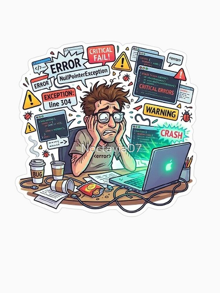 Funny Programmer Debugging Life – NullPointerException Error Coding Humor Sticker by Noctavia07