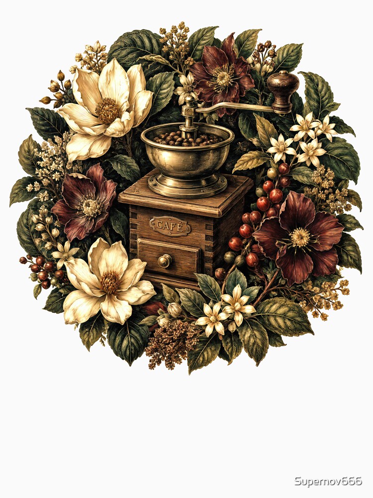 Sticker - Decal - T-shirt: Café Botanica — Vintage Coffee Grinder Floral Wreath Illustration by ForeverPrintsOK