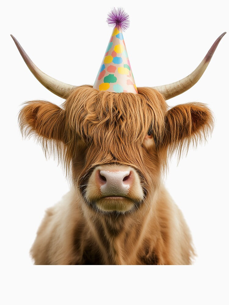 Funny Highland Cow Wearing Birthday Party Hat by LazyOwlStore