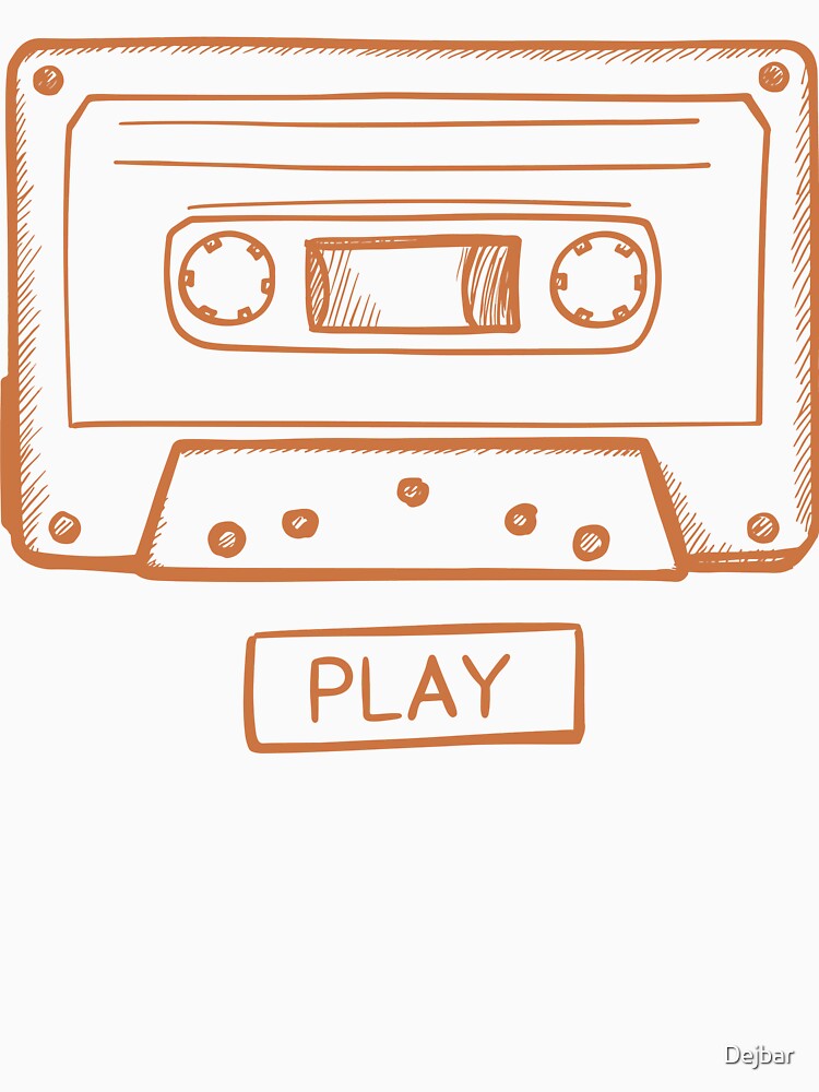 Hand-drawn retro cassette tape sketch with a play button icon, evoking vintage audio and analog music nostalgia. Ideal for mixtape culture, creative posters by Dejbar