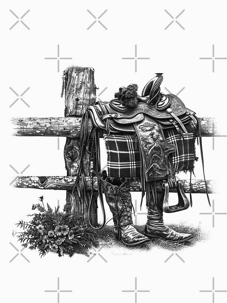 Western Saddle Cowboy Boots Black and White Rustic Ranch Art by inkoutninja
