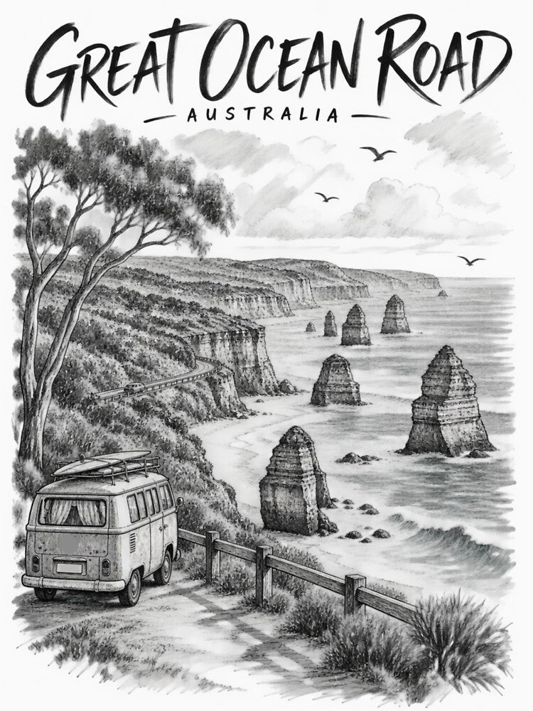 Great Ocean Road Australia Vintage Art Twelve Apostles Victoria Road Trip Surf Van by Yellowriversss