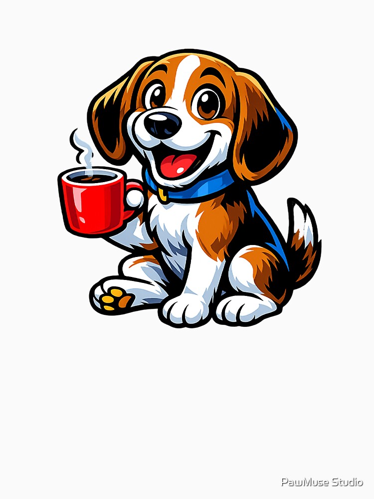 Beagle Sitting With Coffee – Dog Mom Morning Mood – Comic Aesthetic by PawMuse Studio