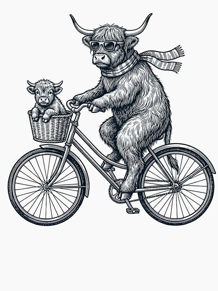 Vintage Highland Cow Riding Bike Bicycle Cycling Animal Lover by DoodleTortle