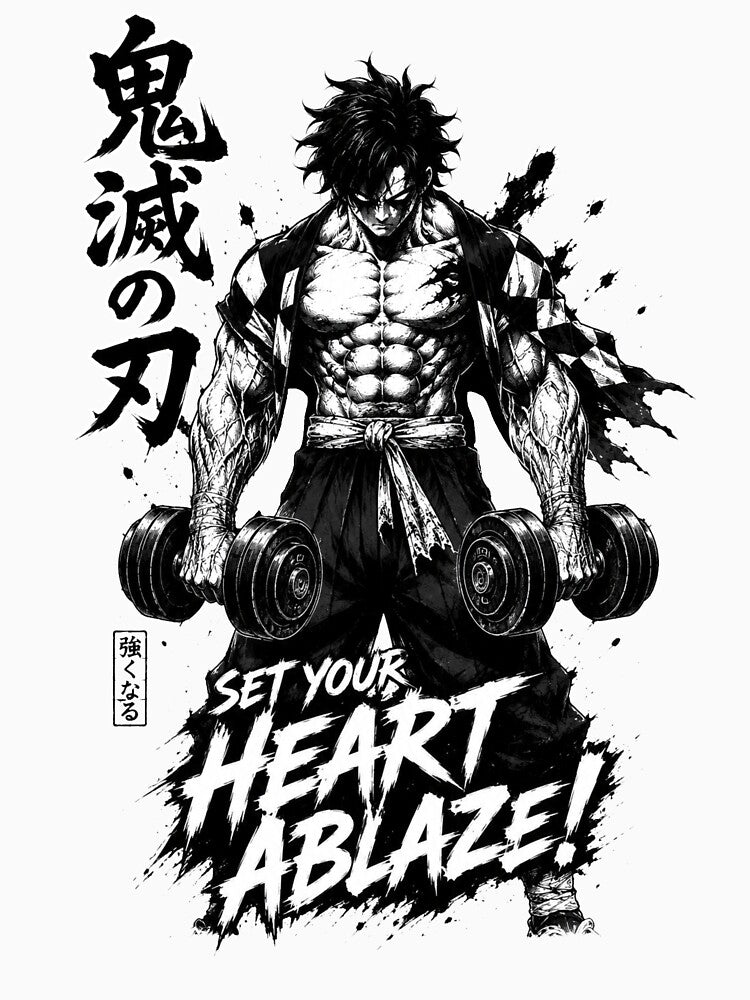 Set Your Heart Ablaze Gym Warrior | Manga Fitness Streetwear Anime Workout T-Shirt by Iron Instinct