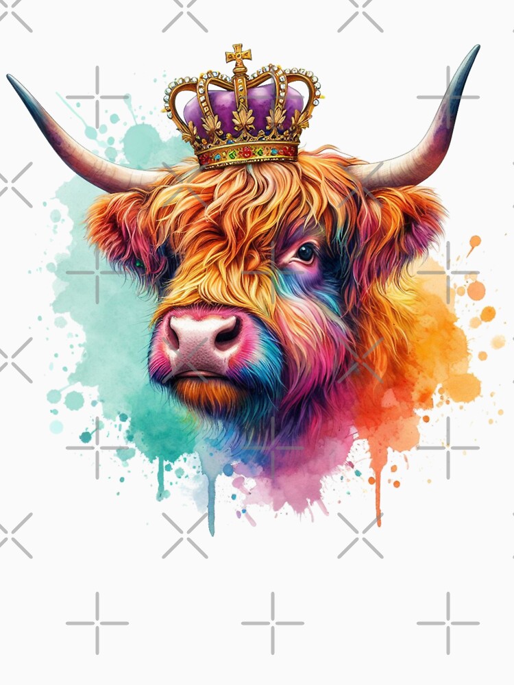 Scottish Highland Cow Wearing a Royal Crown Colorful Watercolor by MaedK