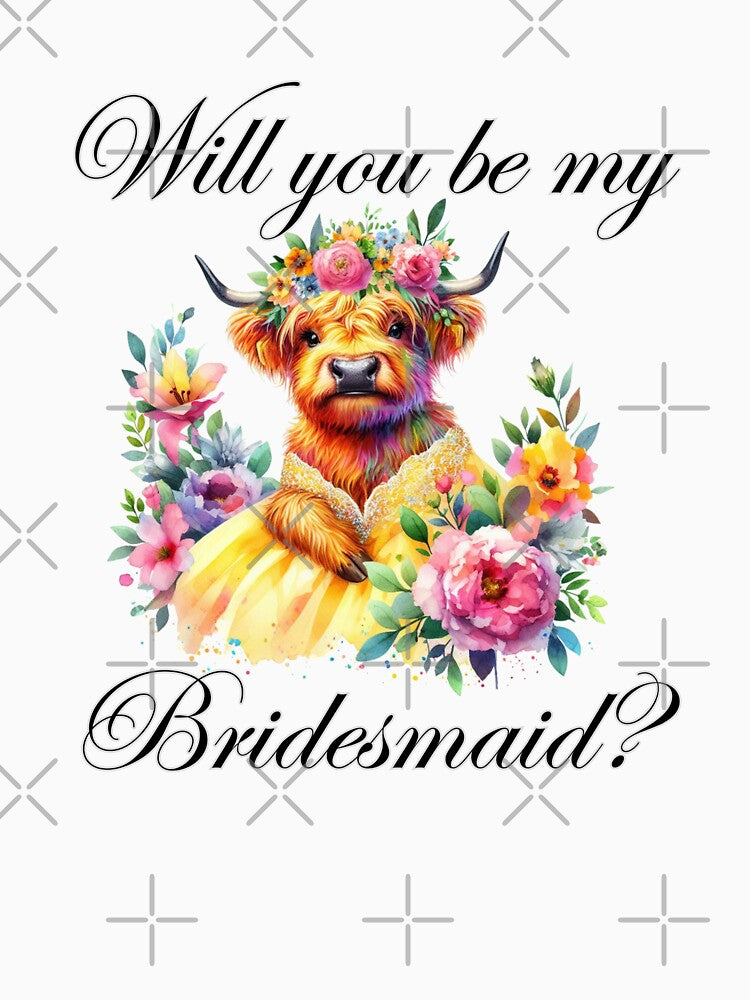 Will You Be My Bridesmaid? Beautiful Watercolor Highland Cow Bridesmaid Proposal by MaedK