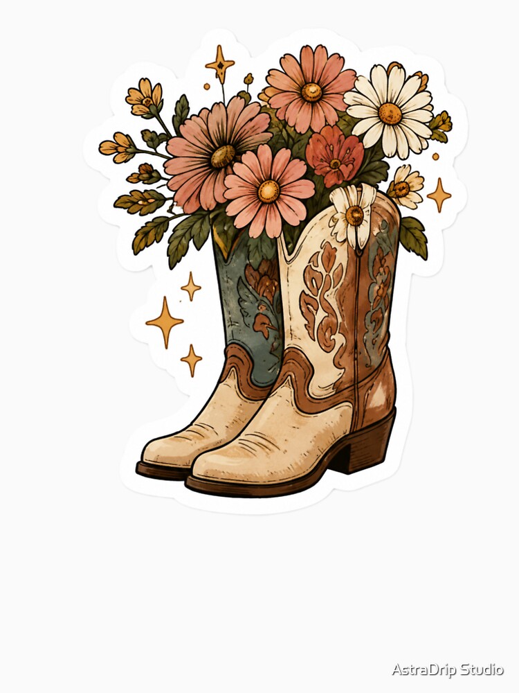 Western Floral Cowboy Boots Sticker Vintage Cowboy Boots Flower Sticker Western Floral Cowgirl Aesthetic Boho Country Rustic Gift by AstraDrip Studio