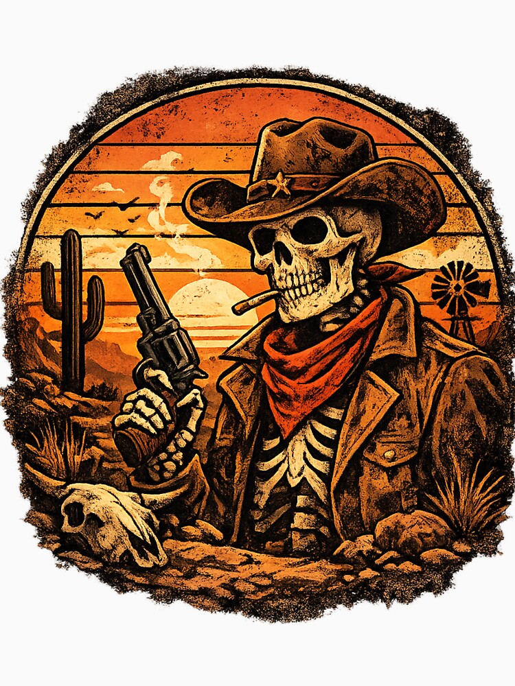 Vintage Skeleton Cowboy Sunset Western by AMIR PRO