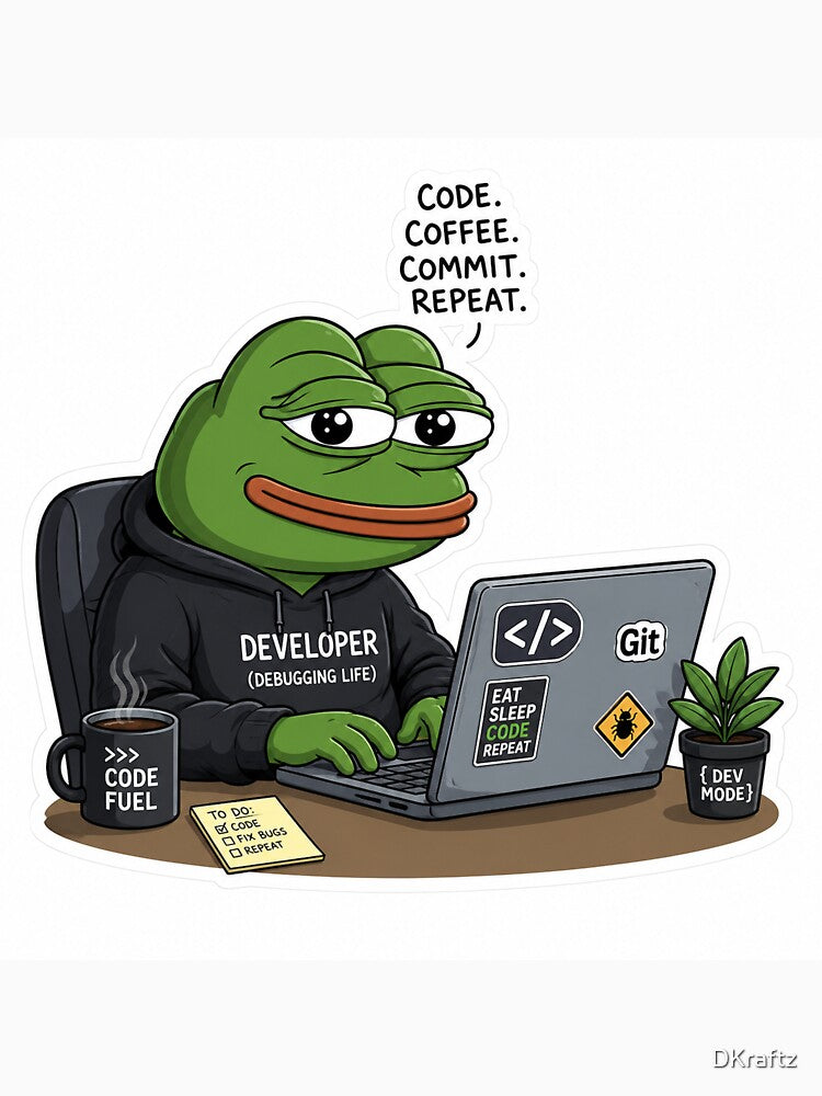 Funny Developer Frog Sticker – Code Coffee Commit Repeat Programmer Meme by DKraftz