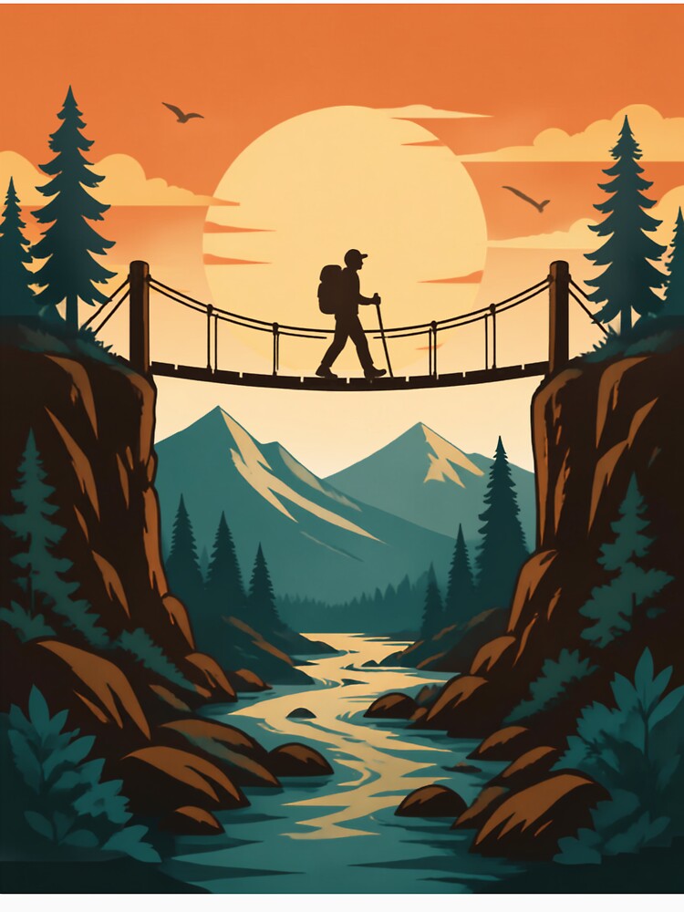 Mountain Hiker Adventure – Retro Hiking Suspension Bridge Landscape by Utees07