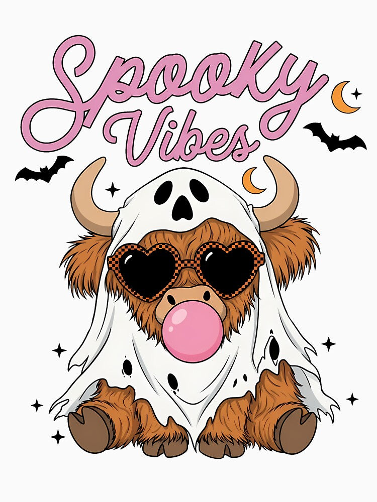 Spooky Vibes Cute Ghost Highland Cow Halloween by KroghDs