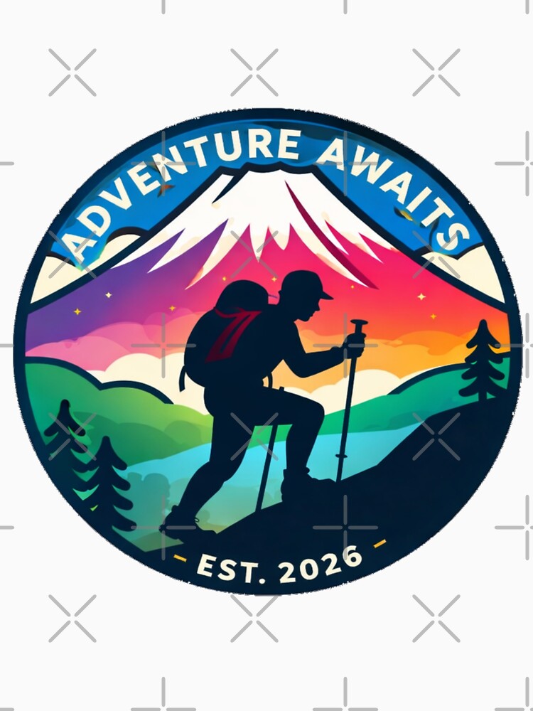 Adventure Awaits Hiking Badge | Colorful Mountain Outdoor Adventure Design by Globalcitytees