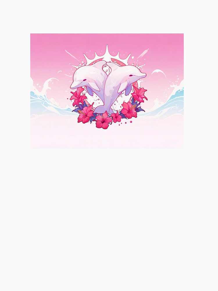 Pastel Pink Dolphins with Tropical Hibiscus Flowers by KiraChie