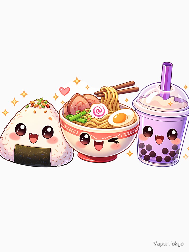 Kawaii Japanese Food Anime Cute Ramen Onigiri Bubble Tea Art by VaporTokyo